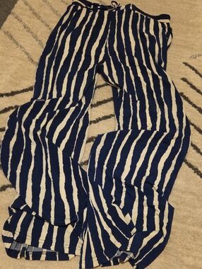 Wide Leg Striped Palazzo Pants - Navy & White
